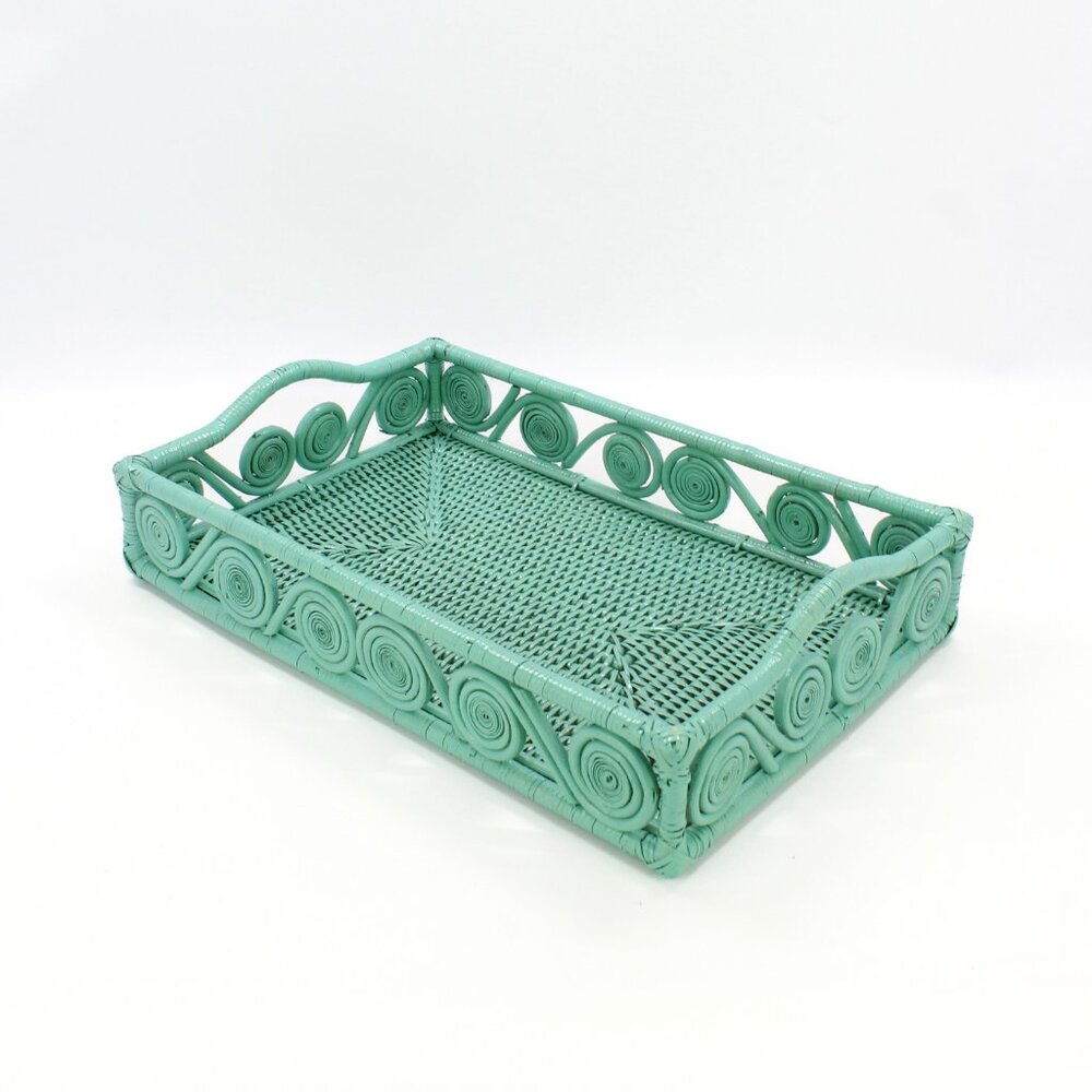 New Swirly Rectangle Rattan Tray with Handles-Turquoise-15.5"